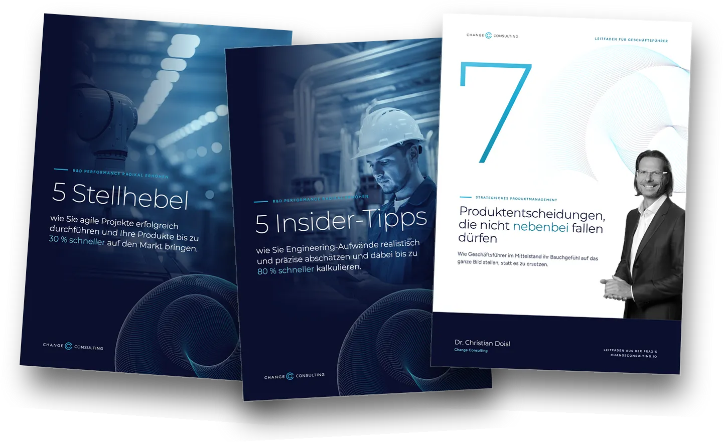 Titelseiten der Leitfäden 5 Stellhebel, 5 Insider-Tipps und 7 Produktentscheidungen